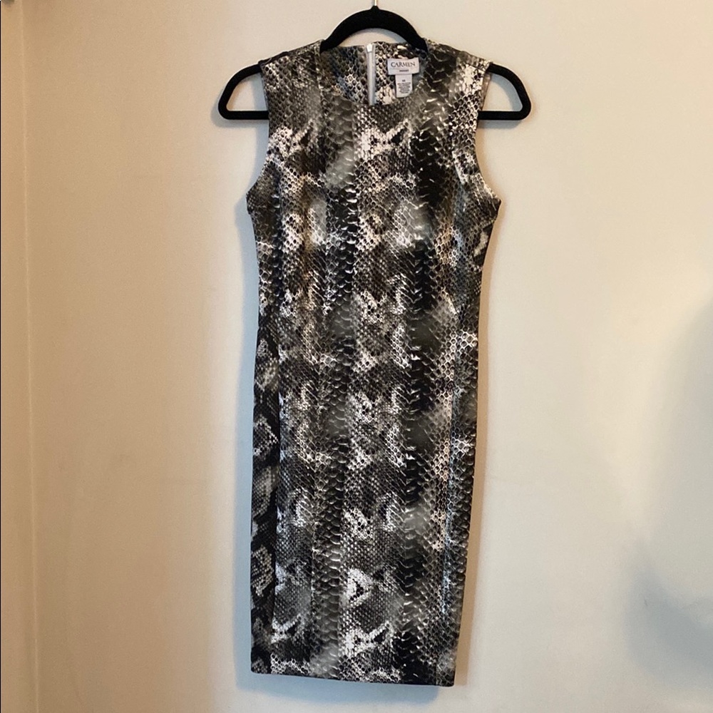 Carmen Marc Valvo Monochrome Snake Print Midi Dress